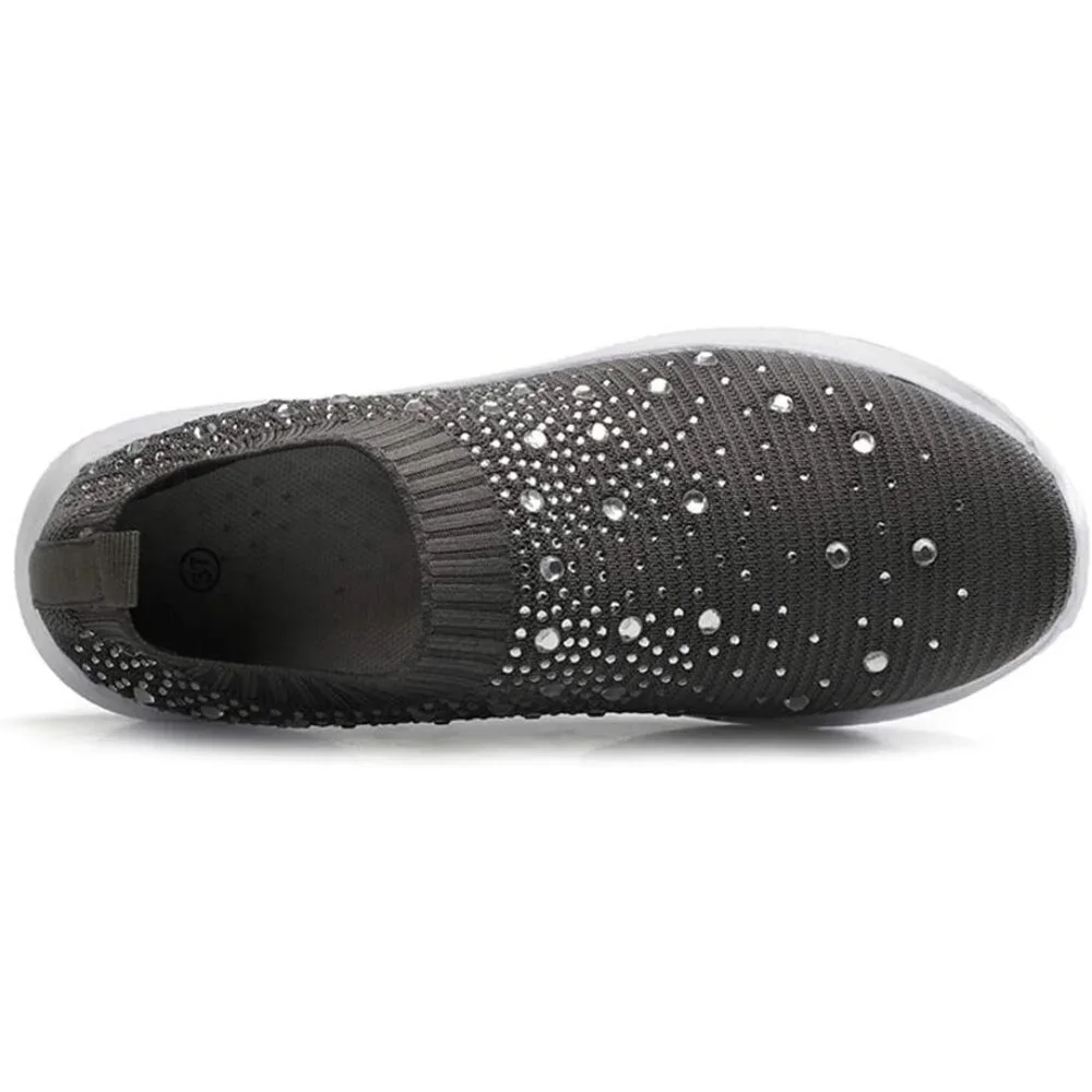 Women's Mesh Walking Shoes Rhinestone Glitter Slip On Ballroom Sneakers Grey
